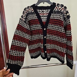 Blue and Red Patterned Cardigan Sweater